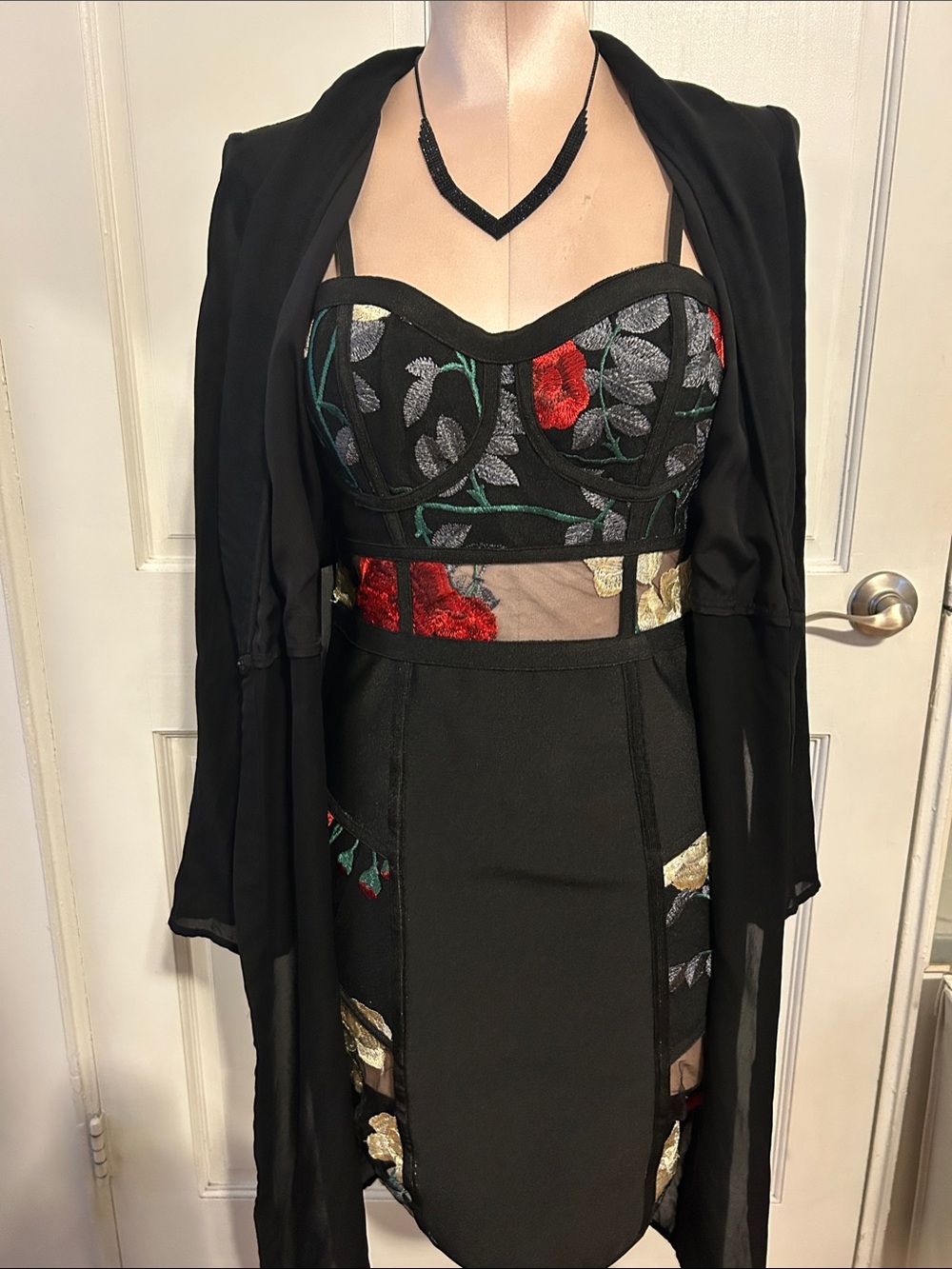WOW couture Black Embroidered Floral Mesh Mini Dress